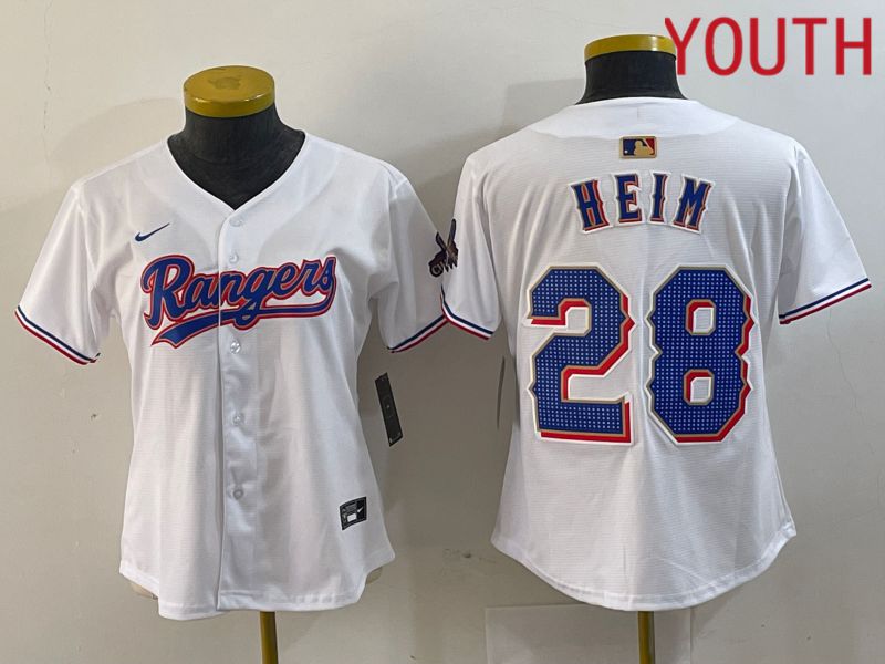 Youth Texas Rangers 28 Heim White Champion Game Nike 2024 MLB Jersey style 1